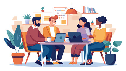 Fototapeta premium Diverse team collaborating in modern office with warm lighting and plants