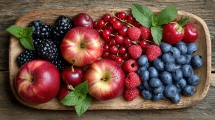 A rustic wooden platter filled with various fresh, vibrant, and colorful fruits, close-up view