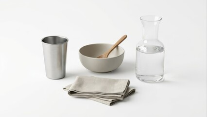 Minimalist Kitchenware Collection: Stainless Steel Tumbler, Ceramic Bowl, Wooden Spoon, Linen Napkins, and Water Carafe on White
