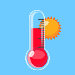 Flat Vector Illustration of Hot Temperature Thermometer with Sun