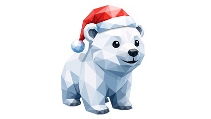 Adorable low-poly polar bear wearing a festive Santa hat, perfect for Christmas cards, seasonal promotions, and holiday-themed designs, creating cheerful vibes