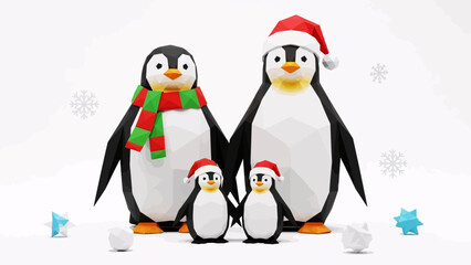Delightful low-poly penguin family celebrates the holidays, perfect for festive greeting cards and winter promotions, spreading joy and cheerful spirit