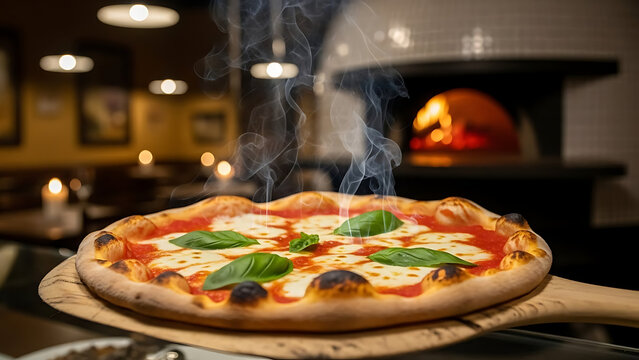 Margherita pizza fresh from oven placed on wooden peel inside authentic Italian pizzeria captured with warm ambient lighting