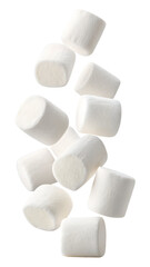 Falling marshmallow isolated on transparent background, clipping path