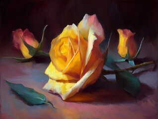 A painting of a vibrant yellow rose in full bloom, accompanied by two buds and leaves