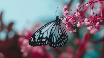 A patterned butterfly rests on delicate pink and white blooms, soft colors and blurred background