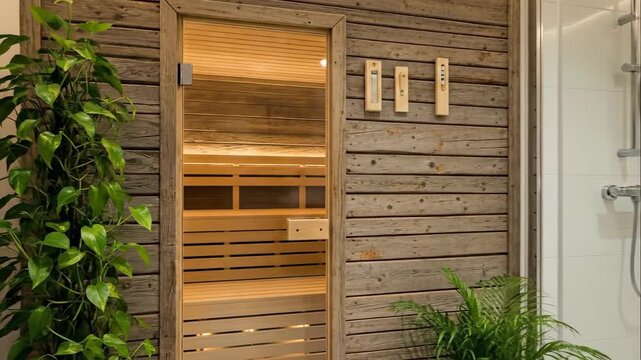 The contrast of the dusty wood of the sauna and a bright shower contrasting white tiles, ir sauna, spa interior for Wellness Blogs, Relaxation Websites, and Health Articles
