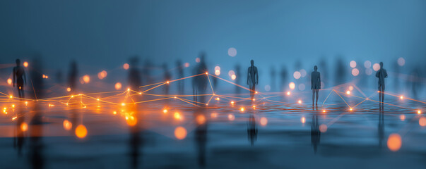 Futuristic Digital Network Connections With Silhouetted People in Abstract Blue Landscape