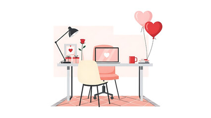 Romantic Workspace Valentines Day Concept with Heart Balloons and Rose