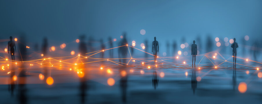 Futuristic Digital Network Connections With Silhouetted People in Abstract Blue Landscape