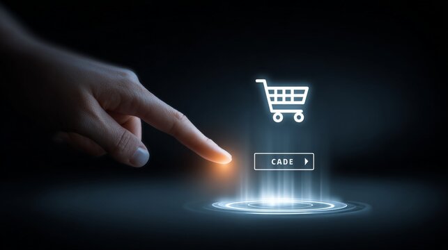 A hand touching a shopping cart icon with a glowing button in a dark, techy background - Powered by Adobe