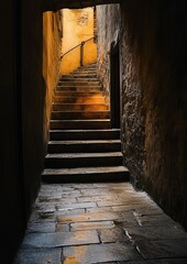 Obraz premium Narrow alleyway with stone steps, light filtering from above