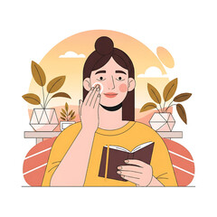 Woman Cleansing Face and Reading Book in Natural Light Illustration