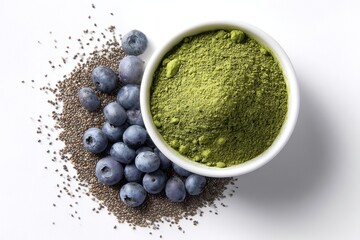 White ceramic bowl of vibrant green matcha powder with chia seeds goji berries and blueberries on white background for superfood packaging wellness branding and health product promotion

