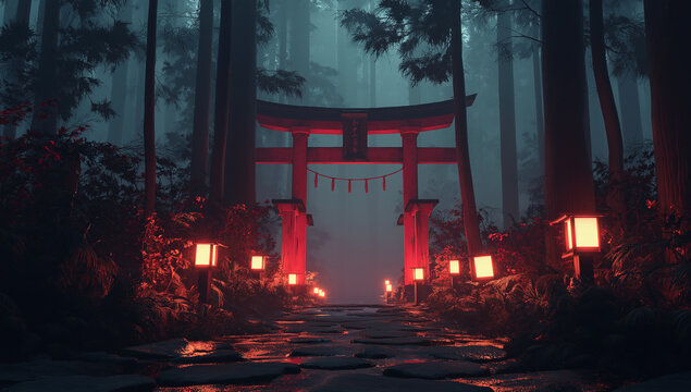 Mystic Torii Gate Path with Lanterns in Foggy Enchanted Forest at Night