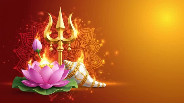 Masik Durgashtami festival banner, crimson-to-gold soft gradient,  glowing trishul, lotus, and shankha arranged symmetrically, subtle mandala shimmer in the background