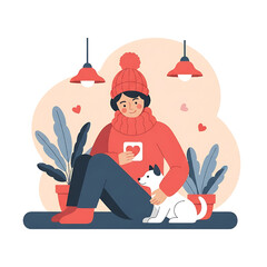 Cozy Winter Scene with Woman Petting Dog at Home Vector Illustration