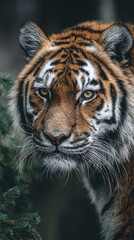 Fototapeta premium A wild adult tiger captured in full view, staring directly at the camera with an intense and captivating gaze. The image highlights the tiger’s muscular physique, striking orange and black striped fur