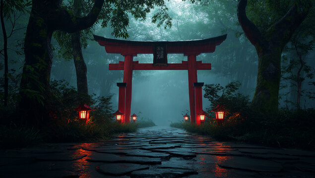 Mystic Torii Gate Path with Lanterns in Foggy Enchanted Forest at Night