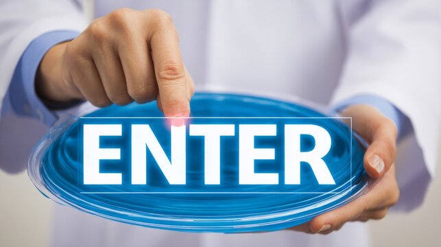A person in a lab coat points at a glowing, transparent button with the word "ENTER.