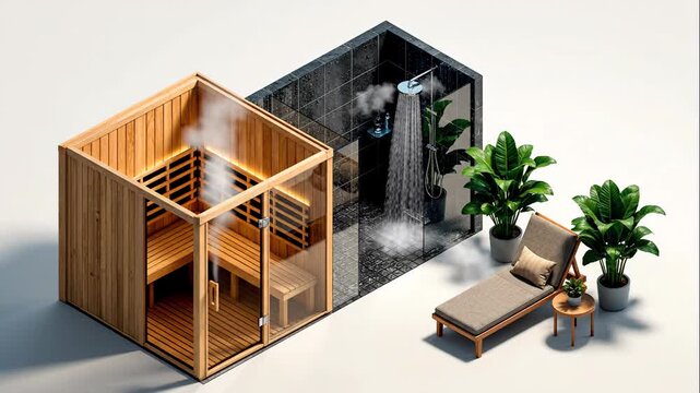 Isometric Layout of a Home Sauna and Shower with Relaxation Area and Plant Decor, Styled with Clear Lines for Interior Design Blogs, Modern Architecture Websites, Spa Brochures,