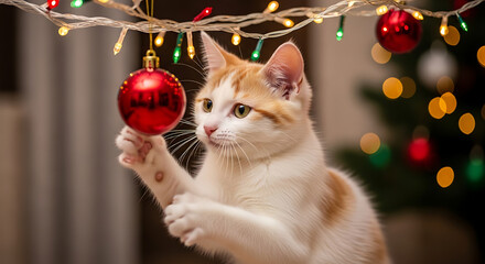 Warm Fairy Light Glow Illuminating Playful White and Ginger Kitten