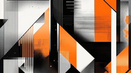 Abstract geometric pattern with orange, black, and white shapes.