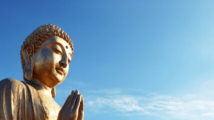 A serene close-up of a golden statue, with hands clasped in prayer against a bright blue sky