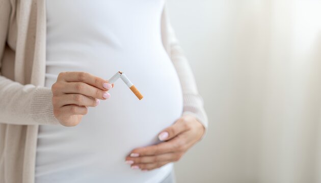Pregnant woman holding a broken cigarette, a concept of smoking cessation - Powered by Adobe