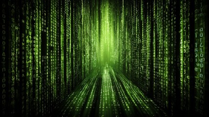 A perspective digital art piece with green code falling like rain, forming a futuristic tunnel