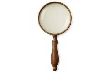 Magnifying glass with vintage wooden handle and brass rim, analyzing, searching, discovering, exploring, transparent background