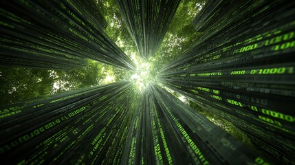 A perspective of tall trees, digitally altered to show a binary code pattern