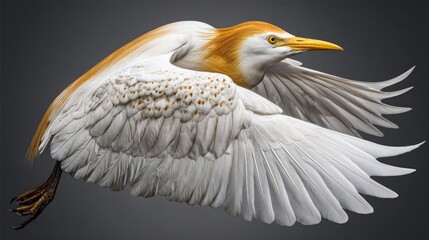 A side view of a white and yellow bird in flight against a dark gray background