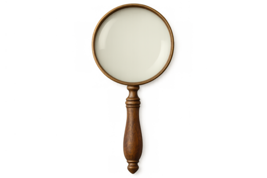 Magnifying glass with vintage wooden handle and brass rim, analyzing, searching, discovering, exploring, transparent background - Powered by Adobe