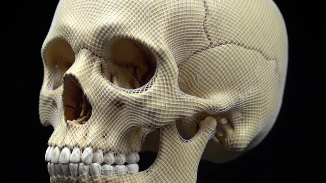 Abstract 3 d skeletal head form with intricate surface detail isolated on black
