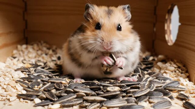 Small rodent feeding on seeds within a wooden enclosure detail view natural light