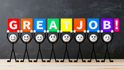 Great job teamwork success achievement celebration motivation encouragement support collaboration appreciation recognition congratulations performance reward stick figures emotion expression colors