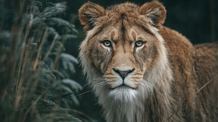 Fototapeta premium Full shot of a wild lion staring at the camera, symbolizing strength, majesty, courage, wilderness, dominance, and the raw beauty of wildlife in its natural habitat.