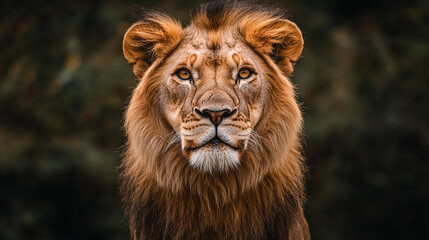 Fototapeta premium Full shot of a wild lion staring at the camera, symbolizing strength, majesty, courage, wilderness, dominance, and the raw beauty of wildlife in its natural habitat.