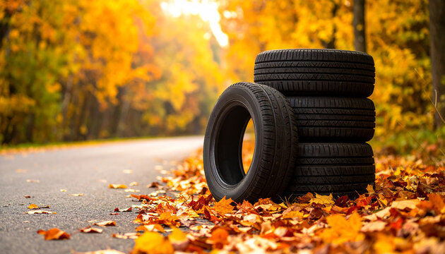 Stack of car tires on an asphalt road with fallen autumn leaves and trees automobile vehicle