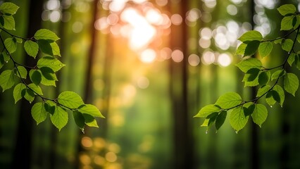 Sunlight streaming through lush green forest canopy creating a bokeh effect
