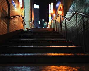 Nighttime city stairs, looking upward