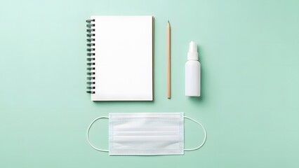 Minimalist workspace with notebook pencil sanitizer and mask on green background