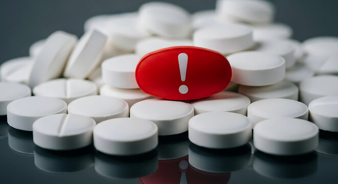 Red pill with exclamation mark on pile of white pills, medication error