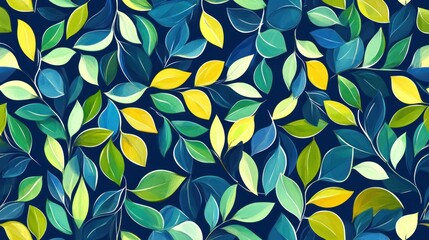 Seamless pattern of stylized teal, yellow, and green leaves on a dark blue background.