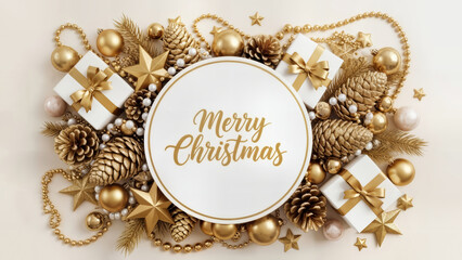 Golden Christmas wreath with ornaments and ribbon on a white background