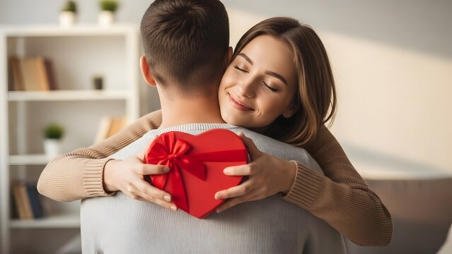 Romantic couple embracing with heart shaped gift box for valentines day