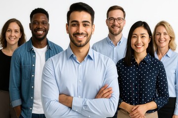 Young Arab man in smart casual shirt standing with diverse smiling colleagues team portrait on bright white background