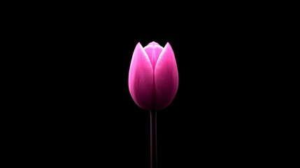 A vibrant pink tulip, fully closed, set against a stark, black, and minimalist background