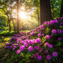 Naklejka premium Sunbeams Through Trees Illuminating Rhododendron Flowers in Forest image photo